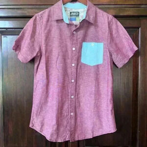 Modern Amusement Men’s Button Down Short Sleeve Shirt( S )Burgundy & Blue